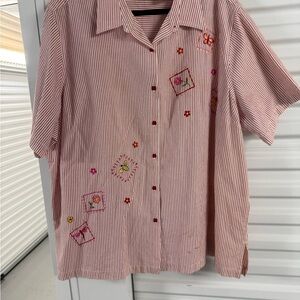 Vintage Striped Red Short Sleeve Shirt with Embroidery size 26women plus